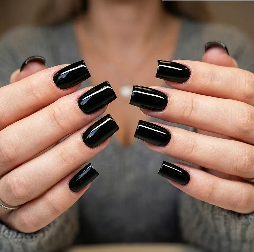 Glossy black short square nails