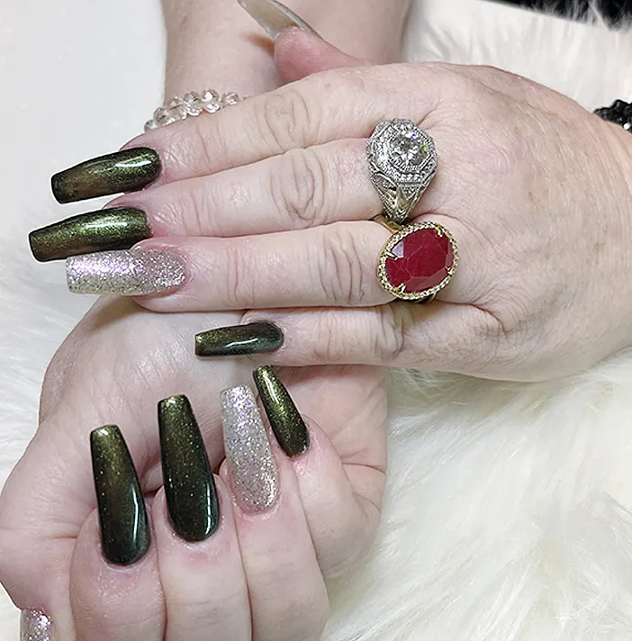 Olive green chrome long nails